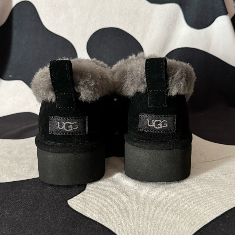 UGG Platforms Black and Grey Lamb Fur Slippers